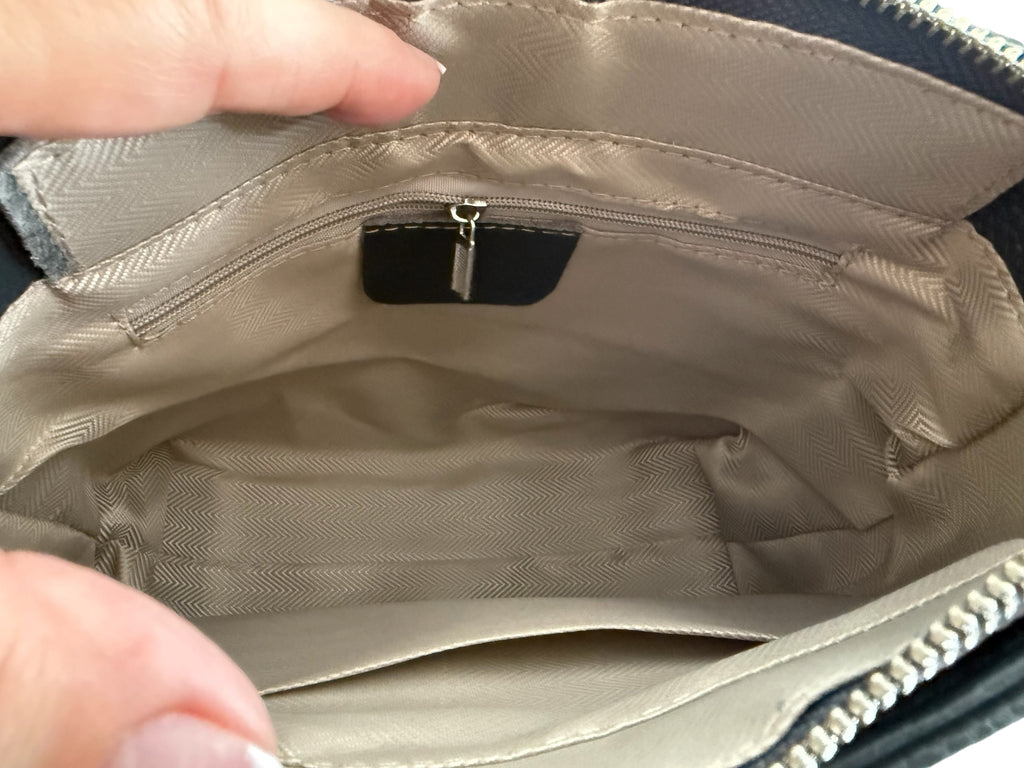 Lederhandtasche beige und blau, mit Schultergurt