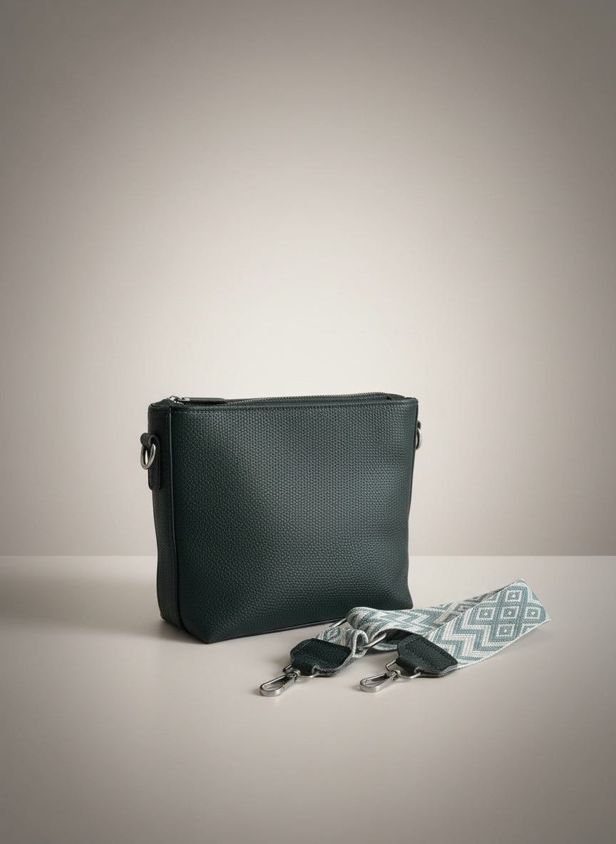 Lederhandtasche beige und blau, mit Schultergurt