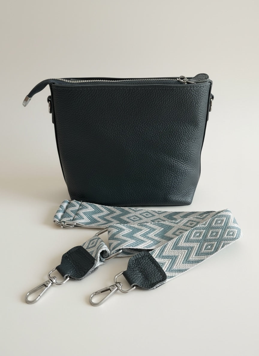 Lederhandtasche beige und blau, mit Schultergurt