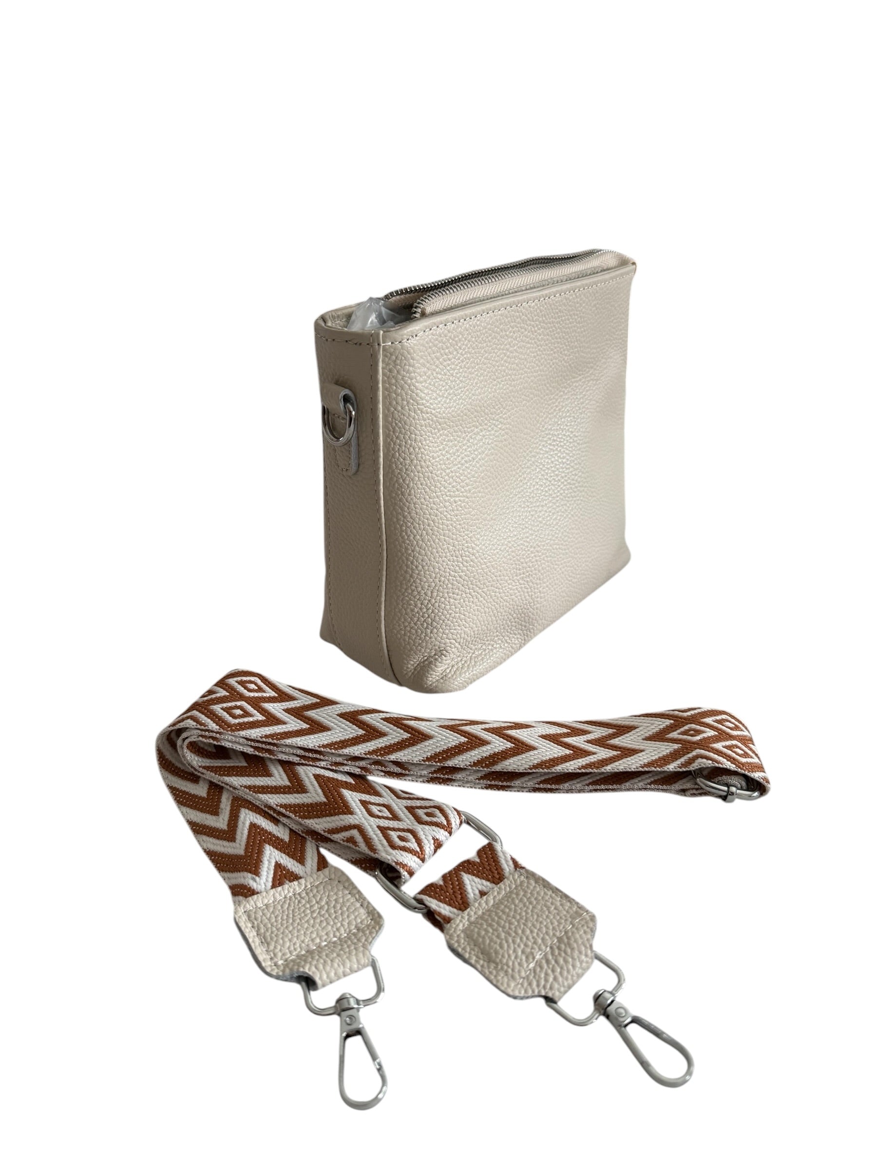Lederhandtasche beige und blau, mit Schultergurt
