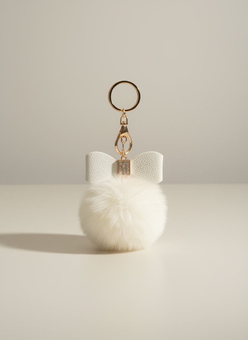 Schlüssel-/Taschenanhänger mit Schleife und Pompom schwarz/beige