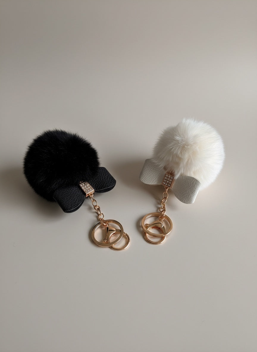 Schlüssel-/Taschenanhänger mit Schleife und Pompom schwarz/beige